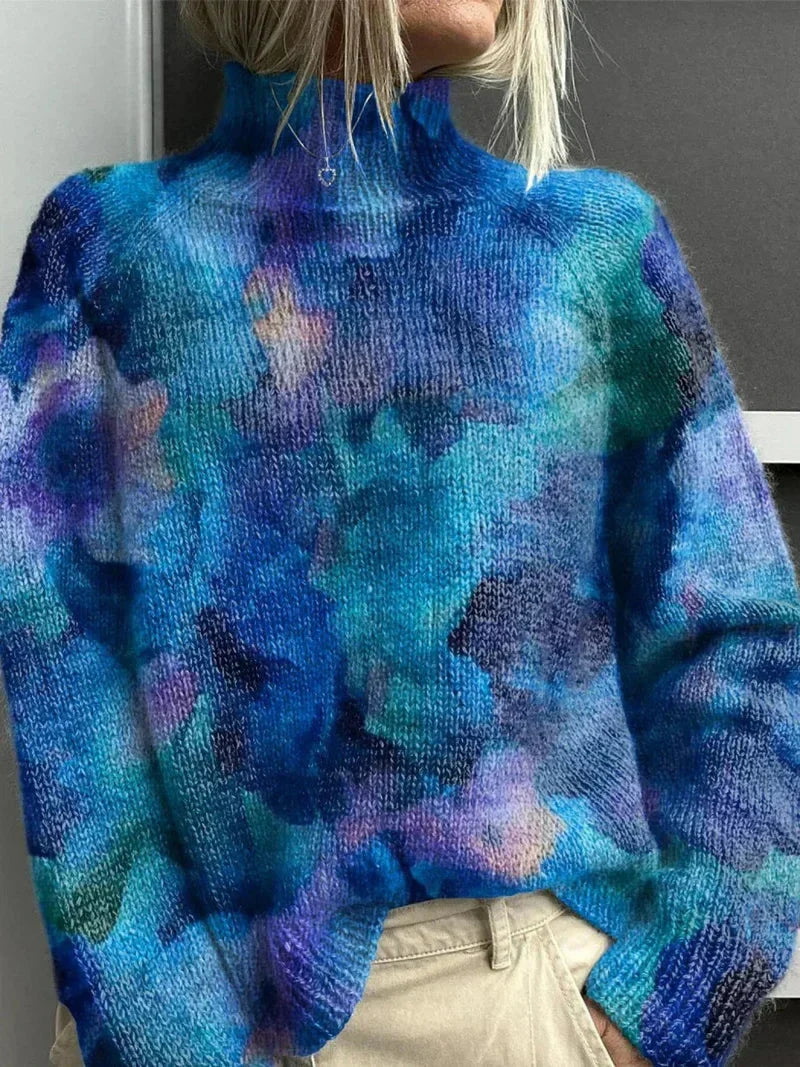 Women's knit roll neck jumper with all-over print – Blue
