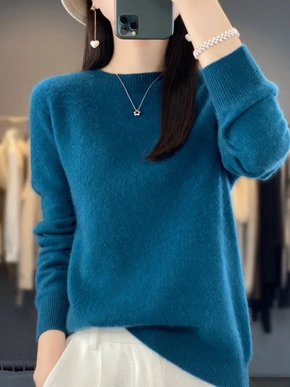 Women's knit crew neck jumper with fuzzy texture – Blue Green