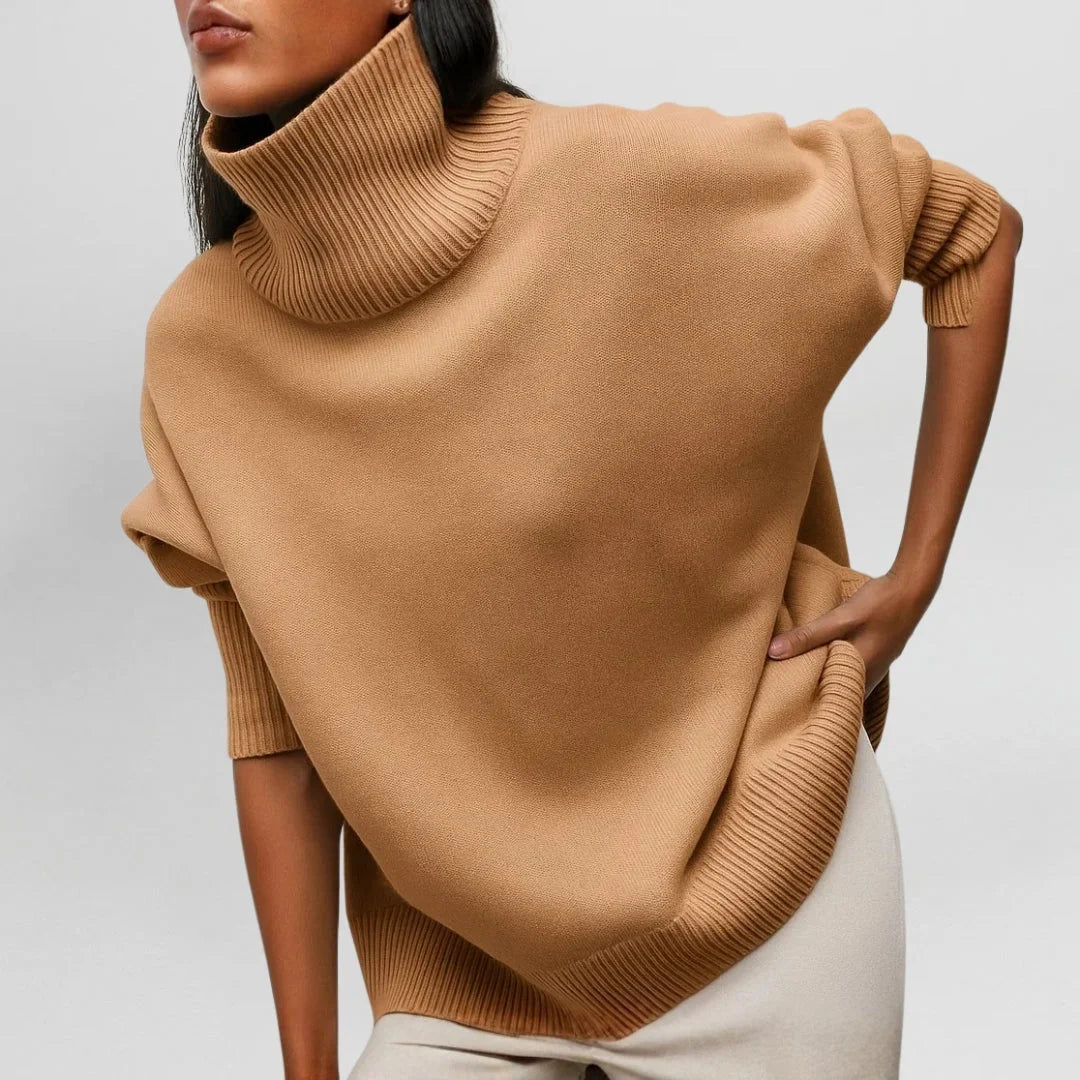 Women's knit roll neck jumper with collar – Brown