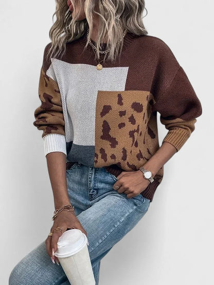 Women's colourblock knit crew neck jumper with leopard print panels – Brown