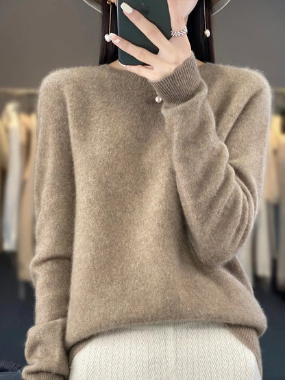 Women's knit crew neck jumper with fuzzy texture – Camel
