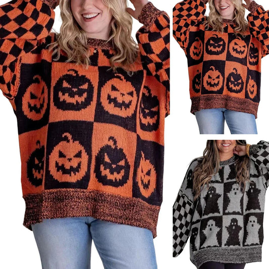Women's knit crew neck jumper with halloween block pattern – Dark Grey