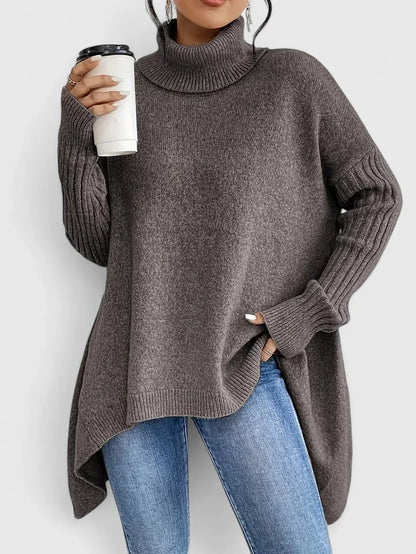 Women's knit roll neck jumper with asymmetrical high-low hem – Espresso Brown