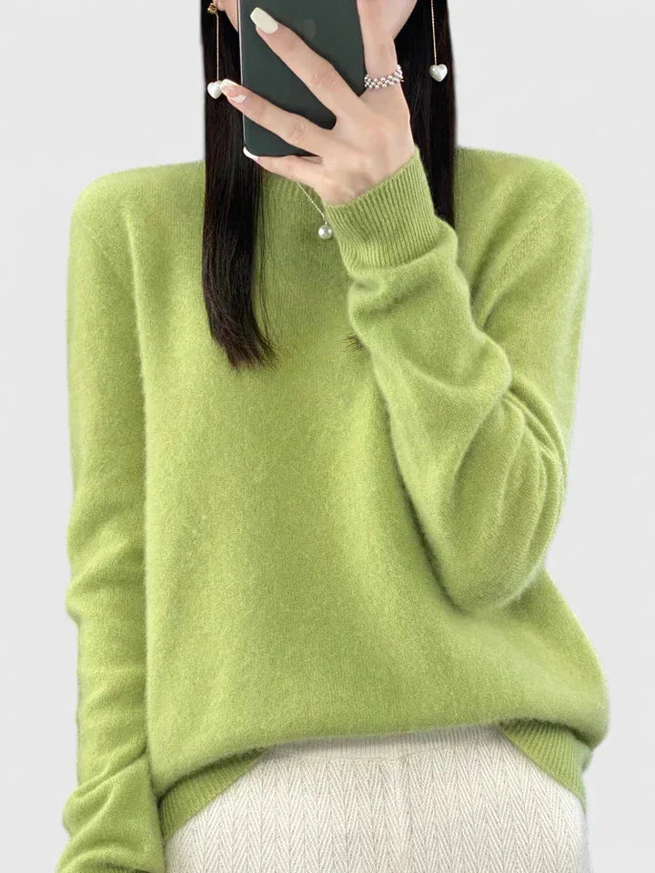 Women's knit crew neck jumper with fuzzy texture – Fruit Green