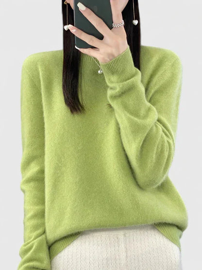 Women's knit crew neck jumper with fuzzy texture – Fruit Green
