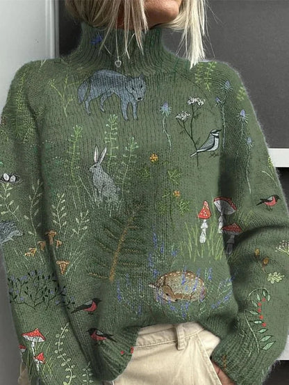 Women's knit roll neck jumper with all-over print – Green