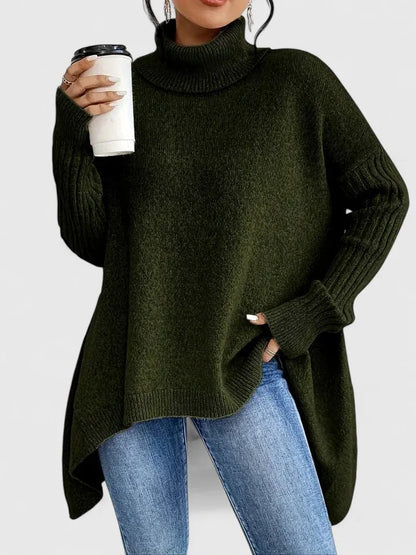 Women's knit roll neck jumper with asymmetrical high-low hem – Green