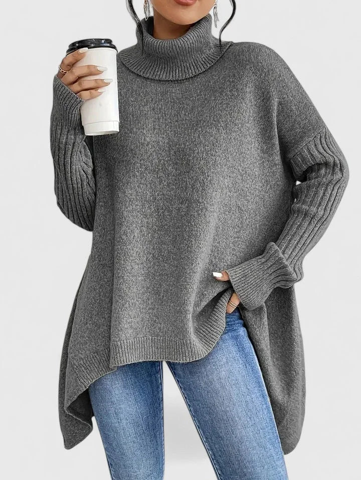 Women's knit roll neck jumper with asymmetrical high-low hem – Grey