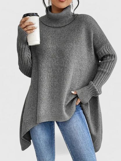 Women's knit roll neck jumper with asymmetrical high-low hem – Grey