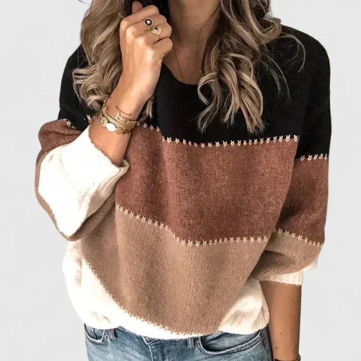 Women's colourblock knit crew neck jumper with contrast stitch detail – Khaki