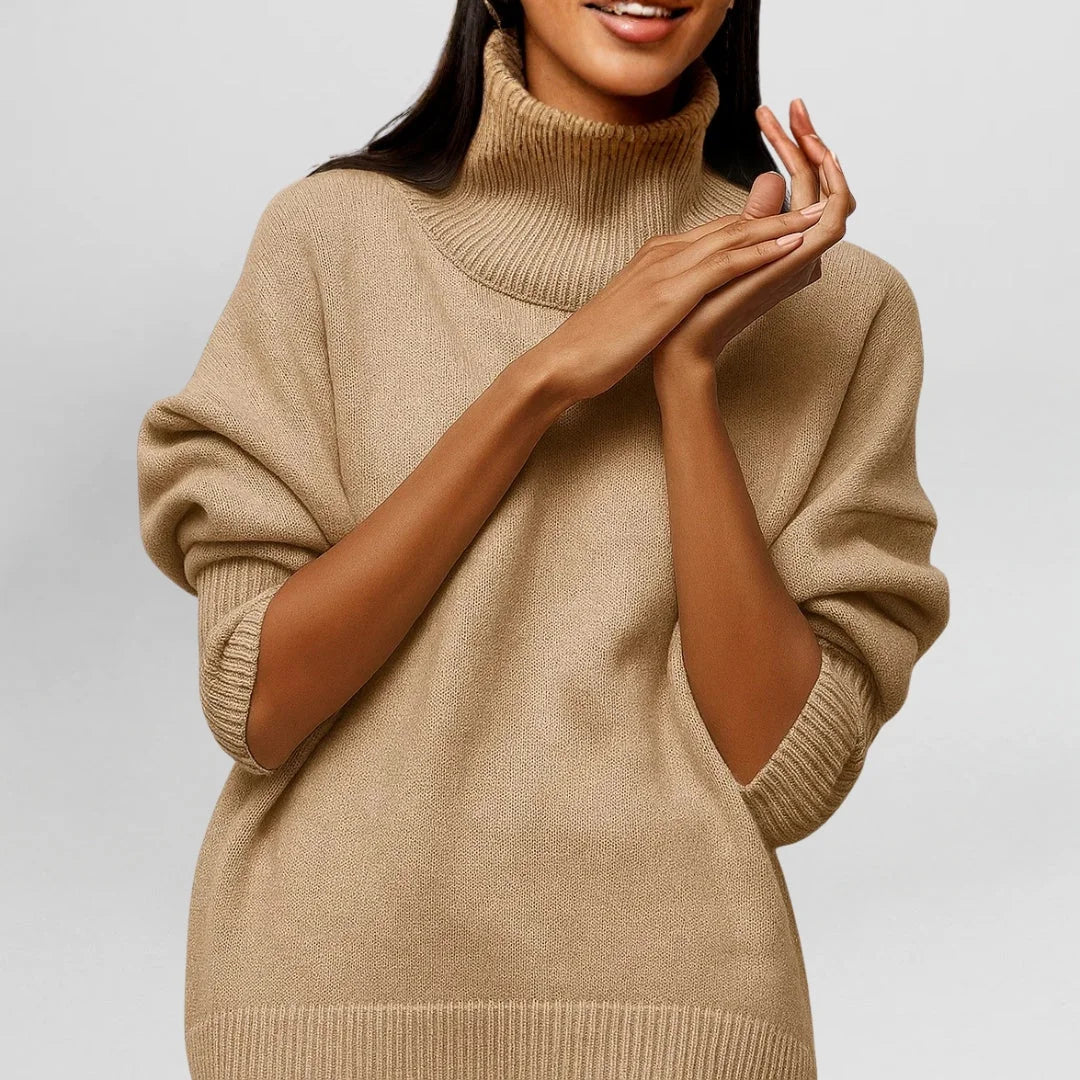 Women's knit roll neck jumper with collar – Khaki