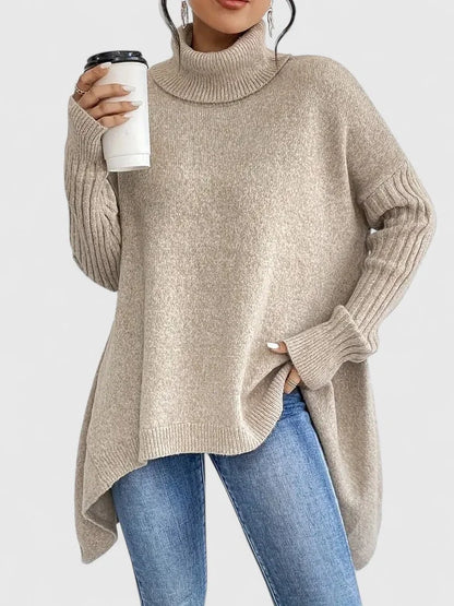 Women's knit roll neck jumper with asymmetrical high-low hem – Khaki
