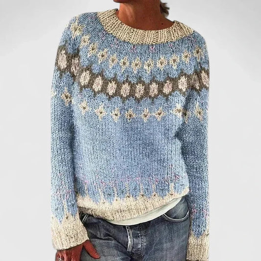 Women's fair isle knit crew neck jumper with patterned yoke – Light Blue