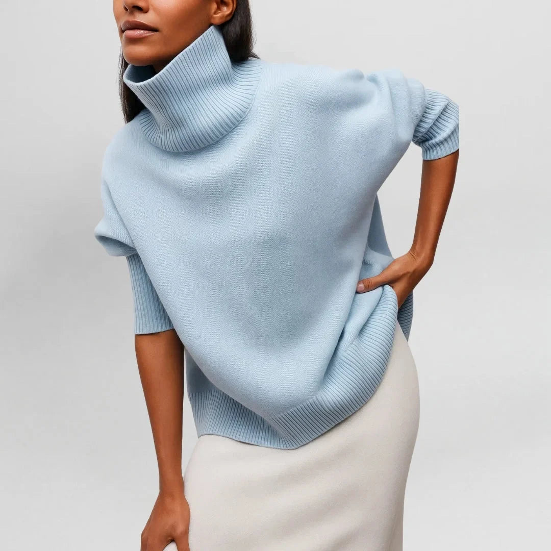 Women's knit roll neck jumper with collar – Light Blue