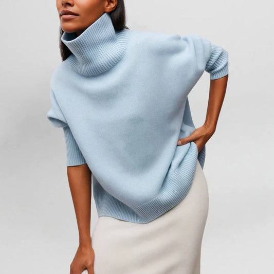 Women's knit roll neck jumper with collar – Light Blue