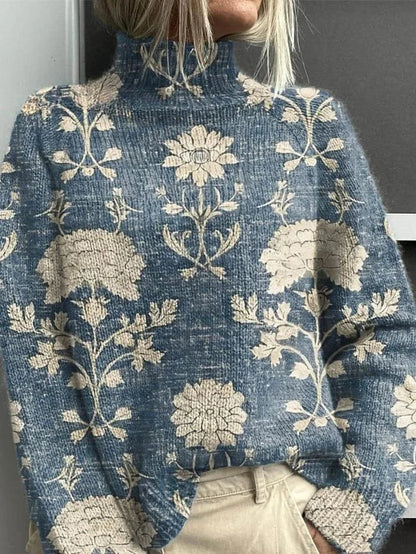 Women's knit roll neck jumper with all-over print – Light Blue
