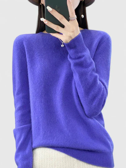 Women's knit crew neck jumper with fuzzy texture – More Blue