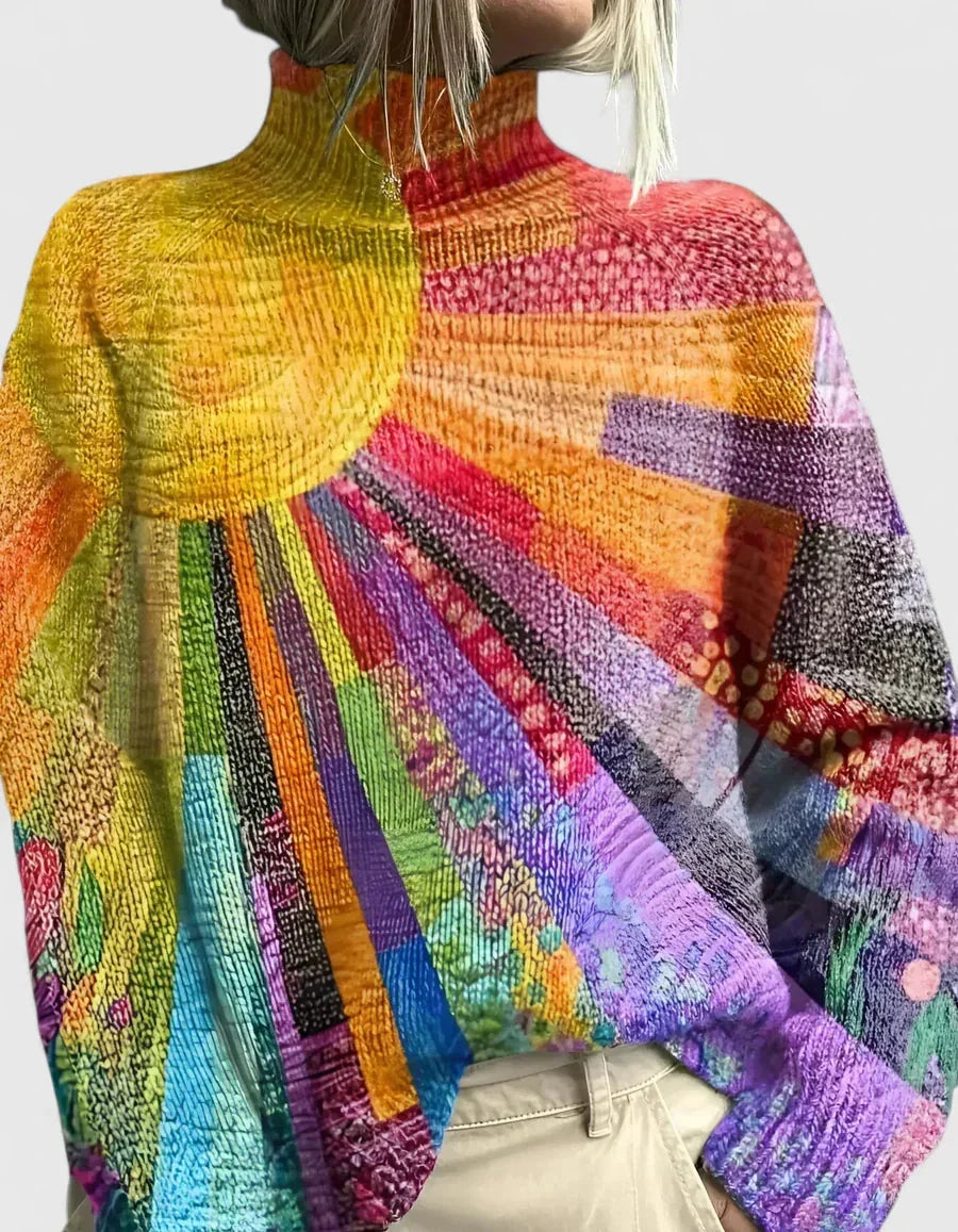 Women's knit roll neck top with abstract sunburst patchwork – MultiColoured