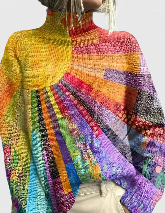 Women's knit roll neck top with abstract sunburst patchwork – MultiColoured