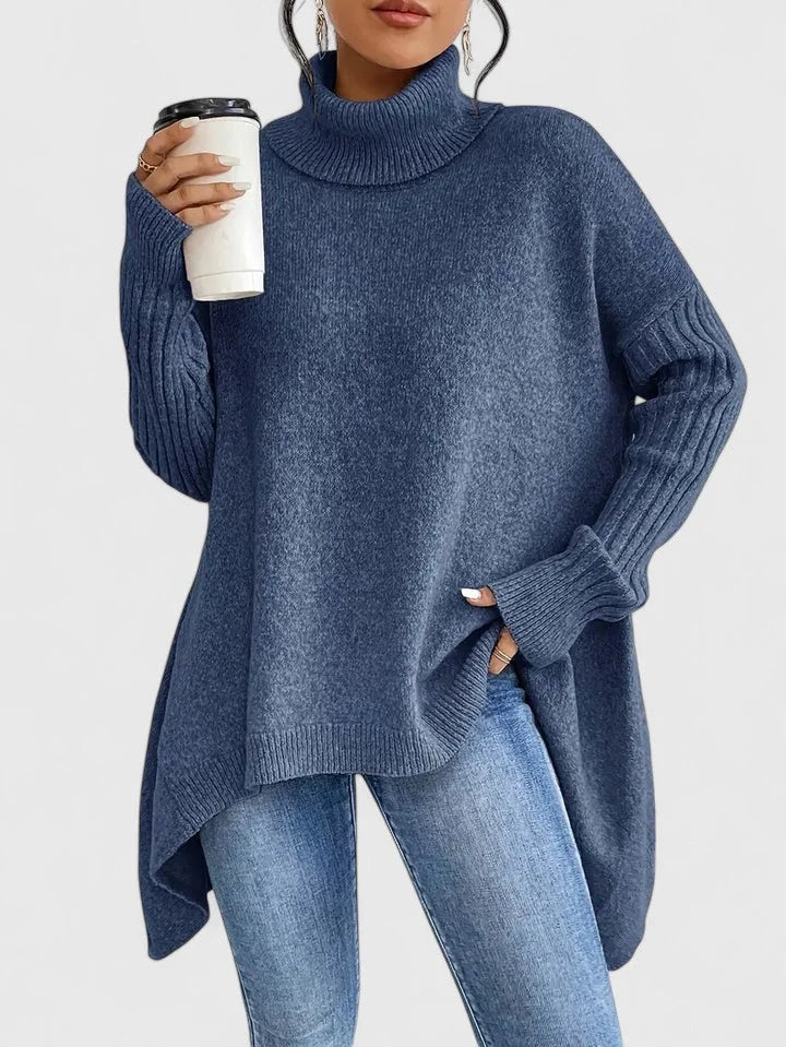Women's knit roll neck jumper with asymmetrical high-low hem – Navy Blue
