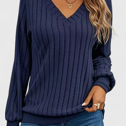 Women's ribbed V-neck jumper with texture – Navy Blue