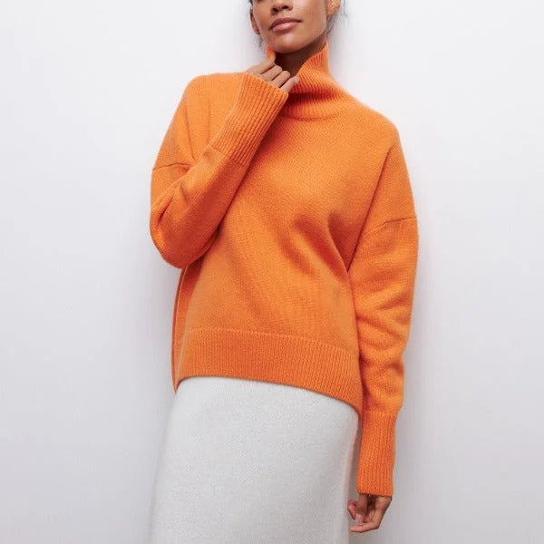 Women's knit roll neck jumper with ribbed cuffs – Orange
