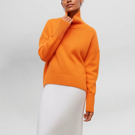 Women's knit roll neck jumper with collar – Orange