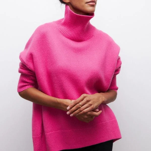 Women's knit roll neck jumper with ribbed cuffs – Pink