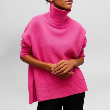 Women's knit roll neck jumper with collar – Pink