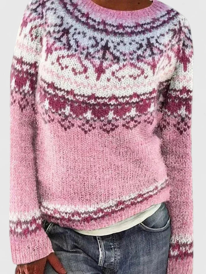Women's fair isle knit crew neck jumper with patterned yoke – Pink/White