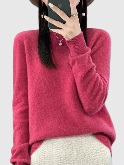 Women's knit crew neck jumper with fuzzy texture – Raspberry Red