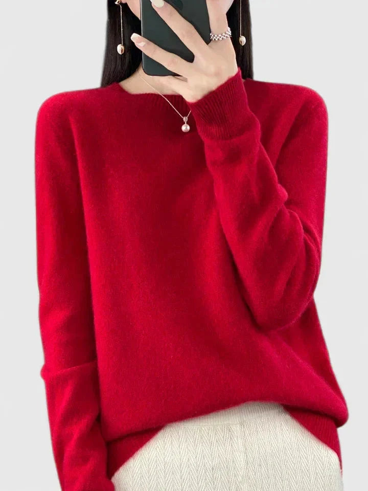 Women's knit crew neck jumper with fuzzy texture – Red