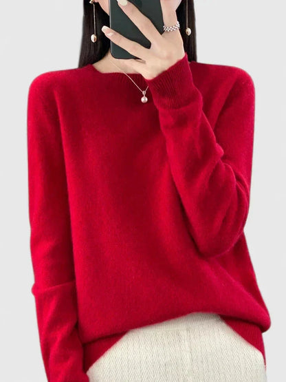 Women's knit crew neck jumper with fuzzy texture – Red