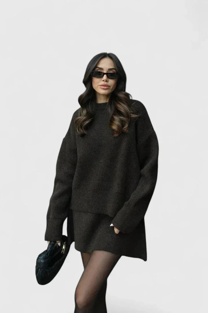 Women's cozy knit jumper and bottoms lounge set – Brown