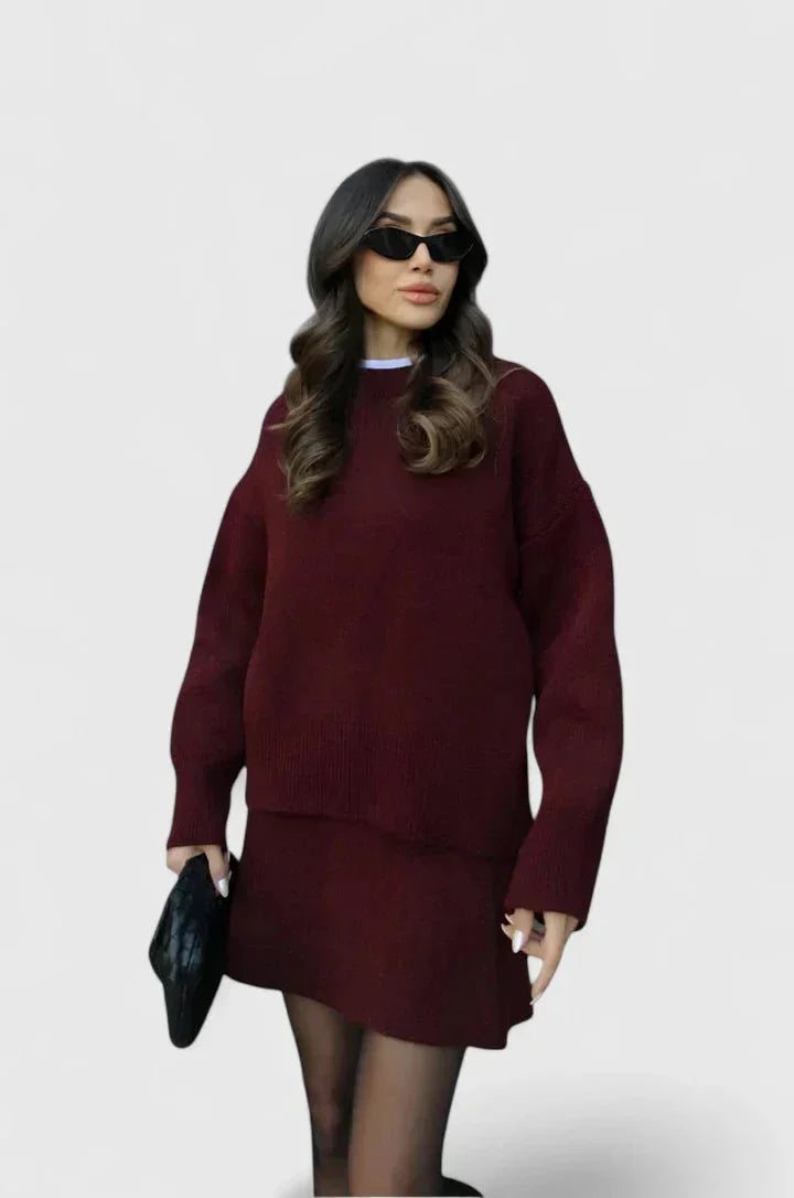 Women's cozy knit jumper and bottoms lounge set – Burgundy Red