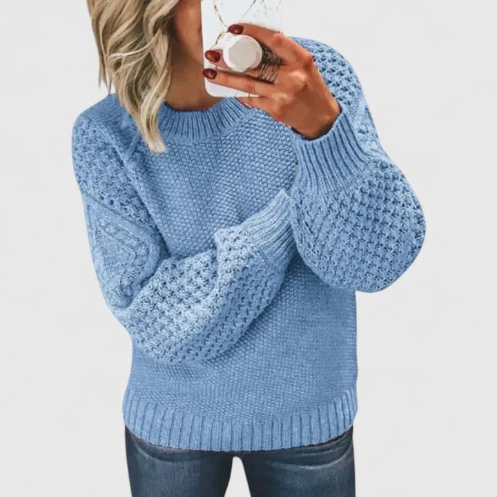 Women's knit crew neck jumper with textured balloon sleeve – Sky Blue