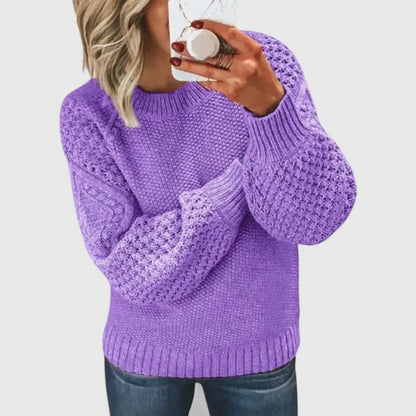 Women's knit crew neck jumper with textured balloon sleeve – Violet