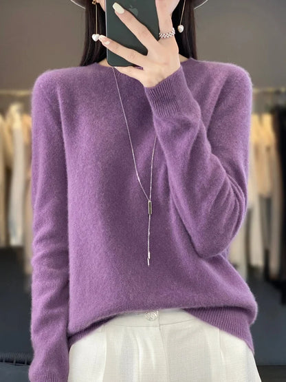 Women's knit crew neck jumper with fuzzy texture – Violet