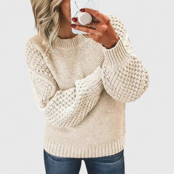 Women's knit crew neck jumper with textured balloon sleeve – White
