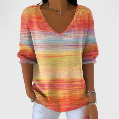 Women's striped knit V-neck jumper – Orange-Yellow