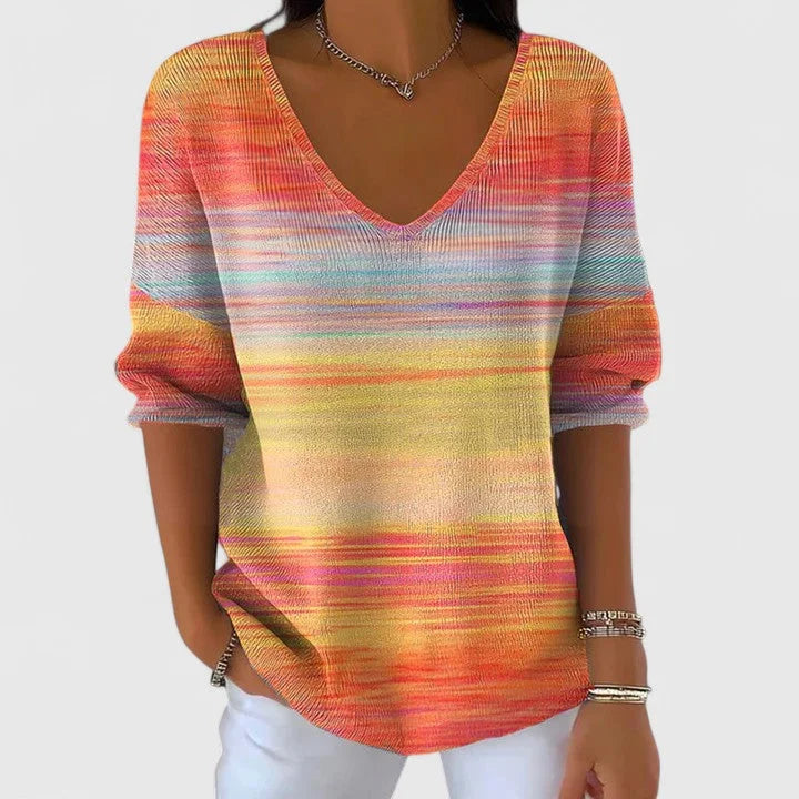 Women's striped knit V-neck jumper – Orange-Yellow