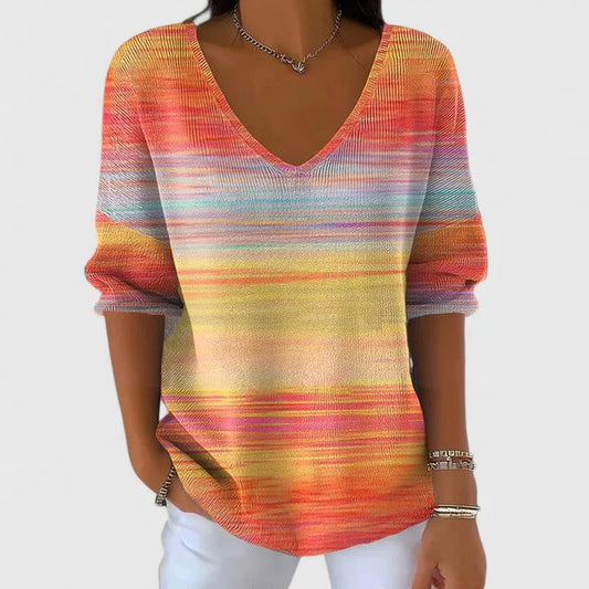 Women's striped knit V-neck jumper – Orange-Yellow