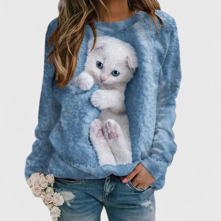 Women's fleece crew neck sweatshirt with kitten graphic print – Blue