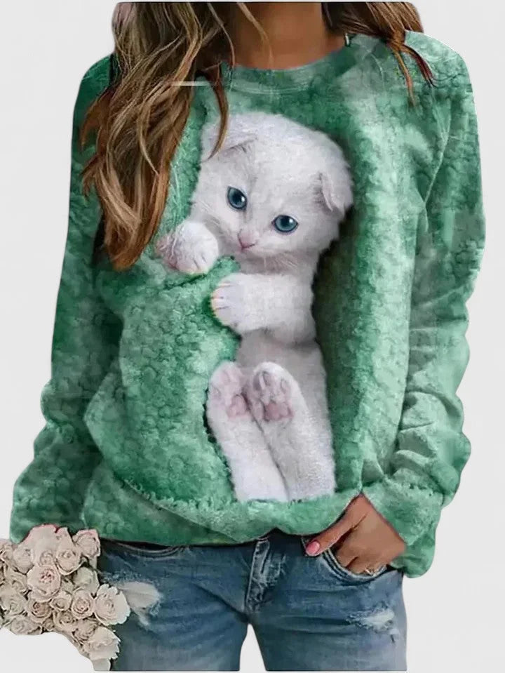 Women's fleece crew neck sweatshirt with kitten graphic print – Green