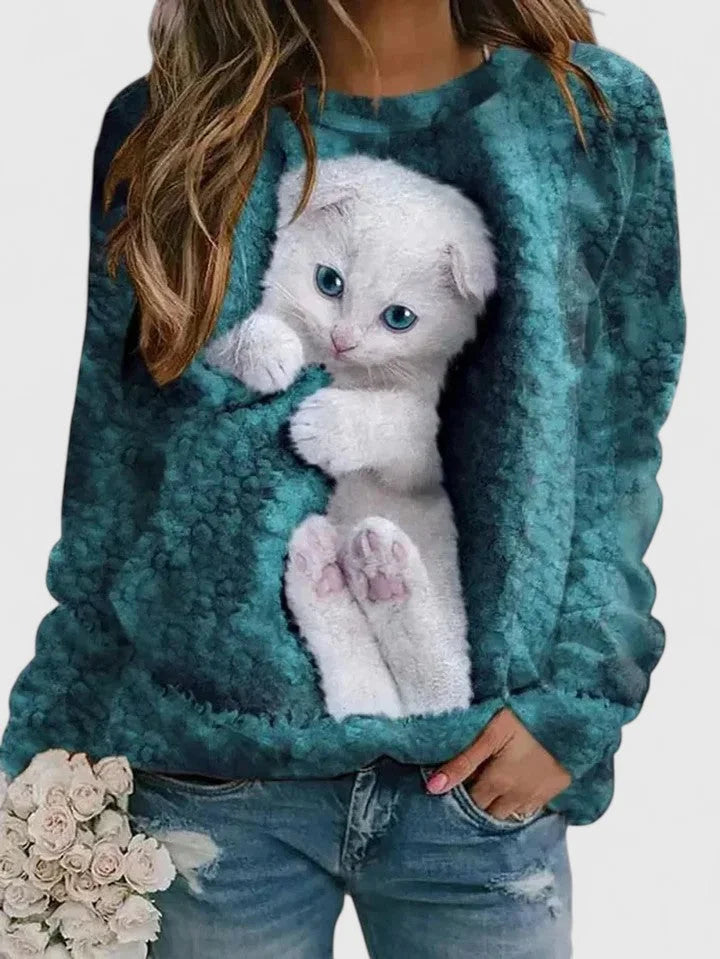 Women's fleece crew neck sweatshirt with kitten graphic print – Ocean Blue