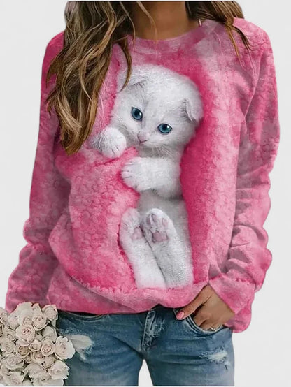 Women's fleece crew neck sweatshirt with kitten graphic print – Pink