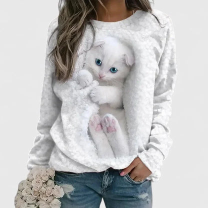 Women's fleece crew neck sweatshirt with kitten graphic print – White