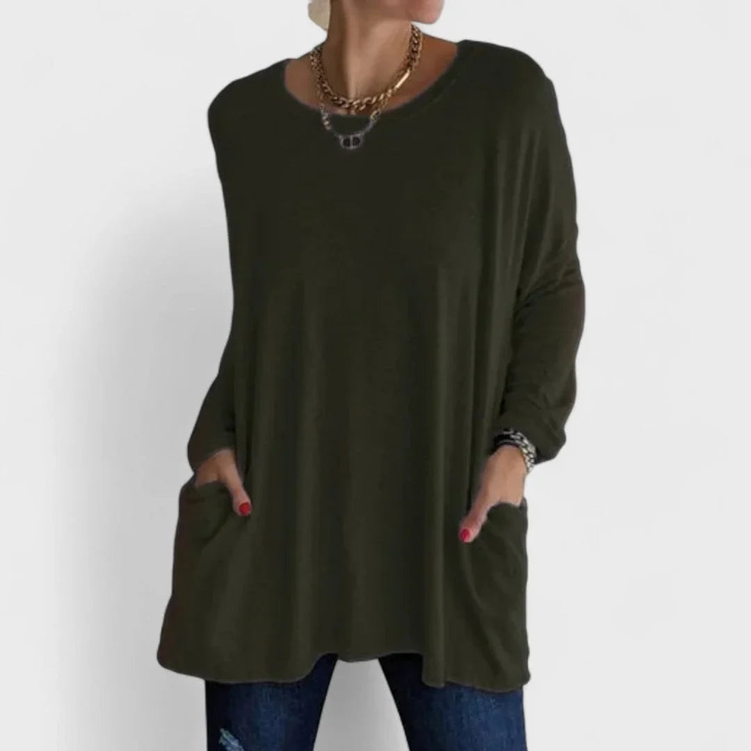 Women's cotton crew neck sweatshirt with front patch pockets – Army Green