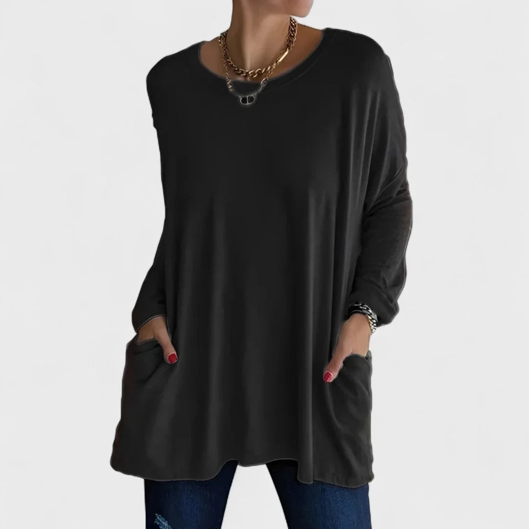 Women's cotton crew neck sweatshirt with front patch pockets – Black