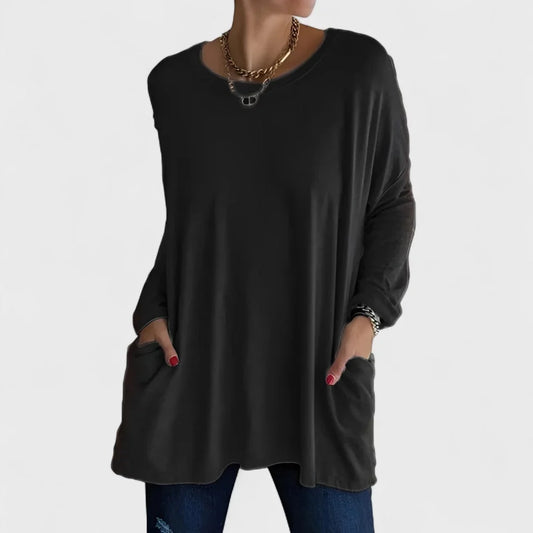 Women's cotton crew neck sweatshirt with front patch pockets – Black